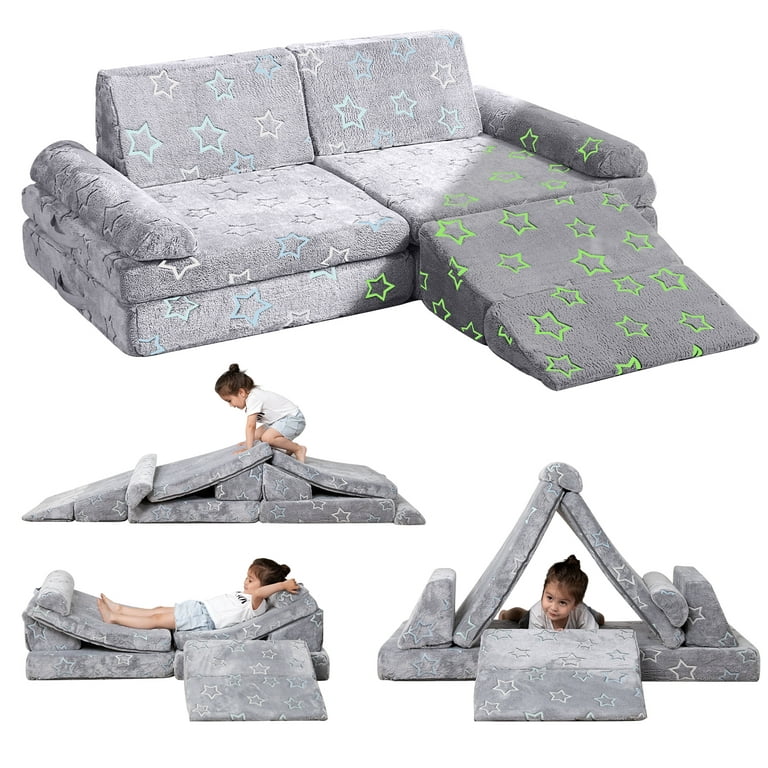 Docred Kids Sofa Couch 11PCS，Modular Sectional Sofa for Playroom，Creative  Baby Foam Couch ,Gray