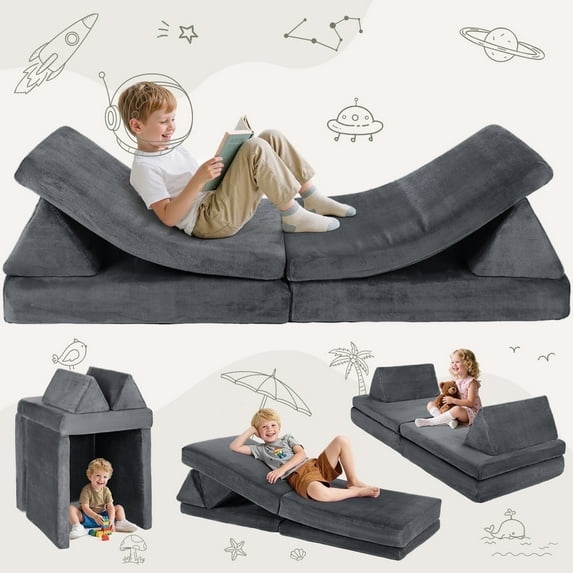 Toddler Sofa, Caveen Kids Play Couch, Modular Kids Couch,Convertible Folding Sofa for Boys and Girls, Gray