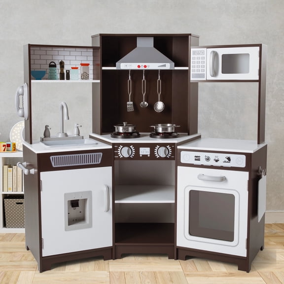 Kids Play Kitchen Corner Wooden Pretend Toddler Toys with Microwave Oven, Realistic Lights & Sounds, Water Dispenser, Phone, Sink, Cooking Accessories