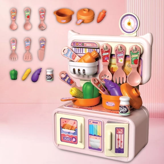 Kids Play Kitchen Set with Chef Hat & Apron, Pretend Cooking Toy with Stove Oven Refrigerator Utensils Rack Fake Food, Educational Role Play Kitchen for Toddlers Boys Girls Ages 3+ Birthday Gifts