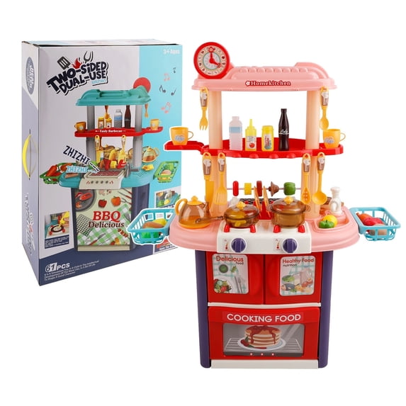 Kids Play Kitchen Set, Toddler Kitchen Playset with Sound & Light, Cooking Stove with Steam, Play Food Toy and Kitchen Accessories, Kitchen Toy for Kids Girls Boys Pink