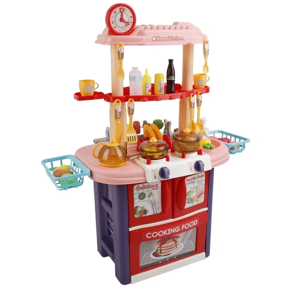 Kids Play Kitchen Set, Toddler Kitchen Playset with Sound & Light, Cooking Stove with Steam, Play Food Toy and Kitchen Accessories, Kitchen Toy for Kids Girls Boys Pink