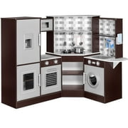 iYofe Corner Play Kitchen, White Kids Kitchen Playset with Lights & Sounds, Play Phone and Curtains, Wooden Kitchen Toys for Ages 3-5 Boys Girls