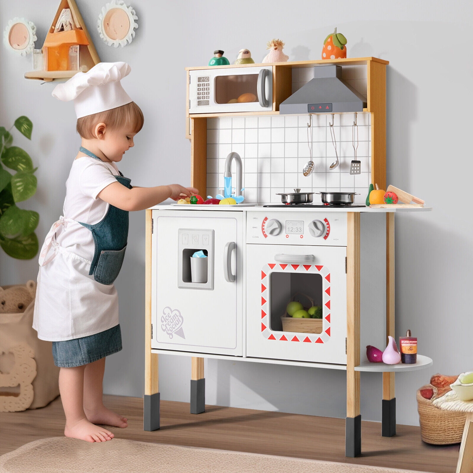 Kids Play Kitchen Set, Wooden Pretend Toddler Kitchen Toys Playset