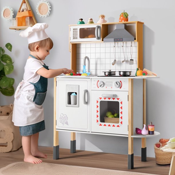 Kids Play Kitchen Set, Wooden Pretend Toddler Kitchen Toys Playset