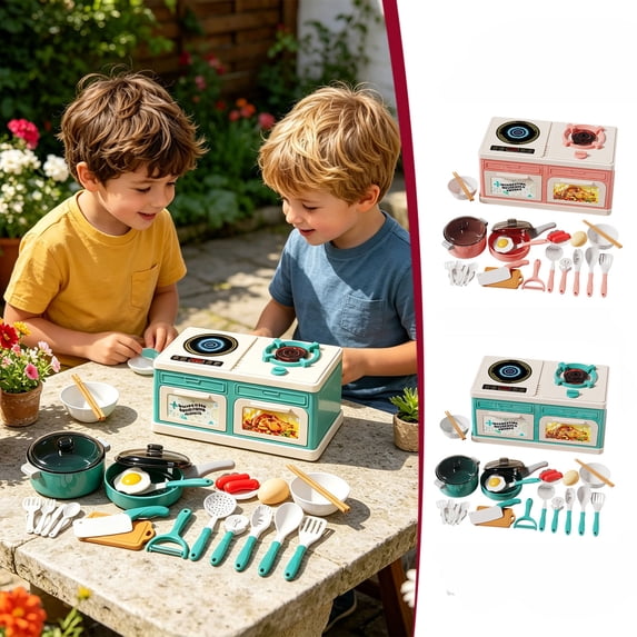 Kids Play Kitchen Stove with Realistic Lights & Sounds, Pretend Cooking Toy with Cookware Utensils Pots Pans Fake Food, Educational Role Play Set for Toddlers Boys Girls Ages 3+ Birthday Gifts
