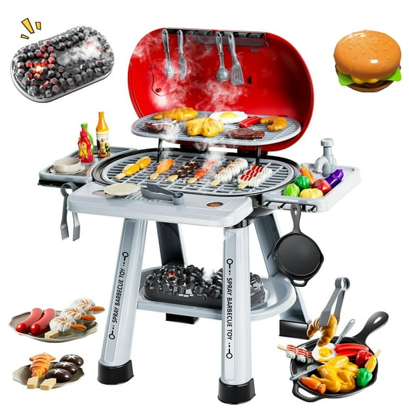 Kids Play Kitchen Toys, 68pcs Kids BBQ Grill Playset with Smoke, Sound & Light, Pretend Play Food Hamburger, Interactive Toys Barbecue Cooking Game for Toddlers Boys Girls 3-5