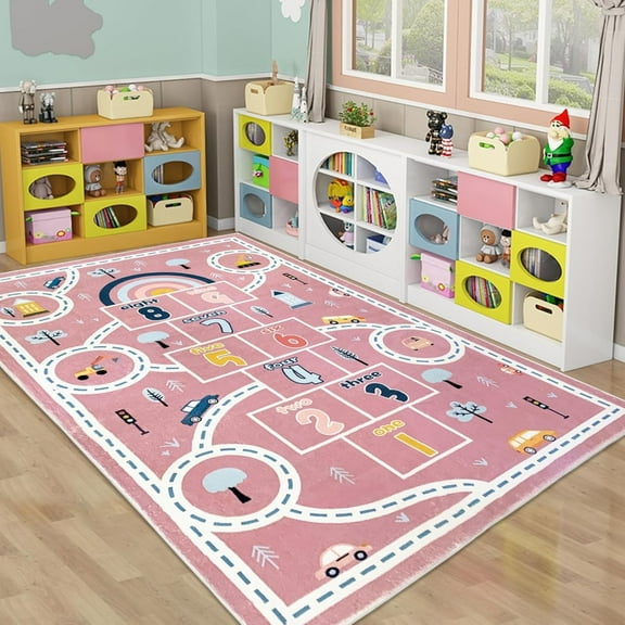 Kids Play Mat Hopscotch Car Area Rug For Girls Bedroom Soft Classroom Educational Learning Children Preschool Car Road Boys Gift, Pink-3x4ft