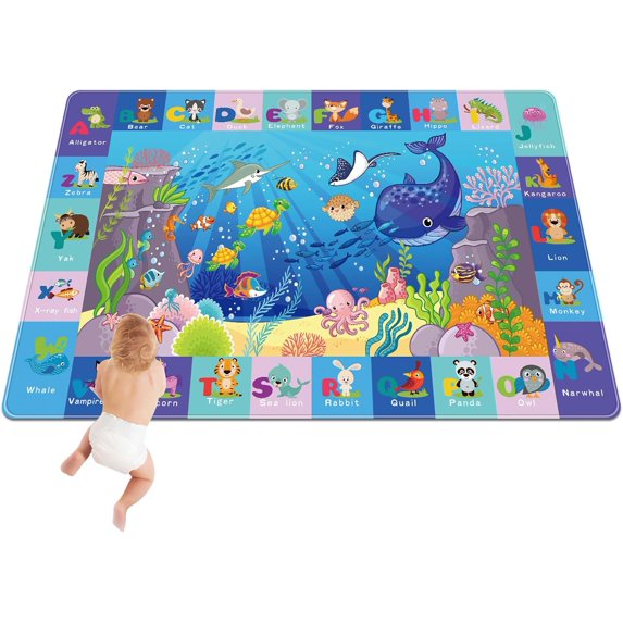 Kids Play Rug, Animals Print Baby Mat for Floor, Kids Rug for Playroom, ABC Educational Rug, Non-Toxic Soft Baby Crawling Mat, Tummy Time Mat, Nursery Rugs (Blue, 59X39.4 INCH)