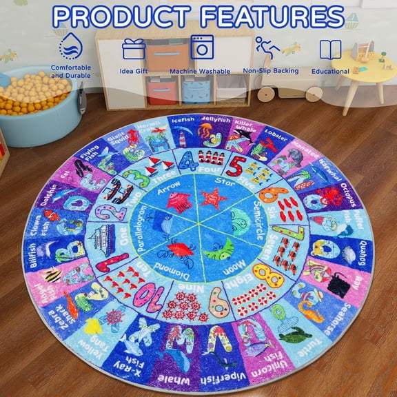 Kids Play Rug Fluffy ABC Educational Round 4'X4'Ocean Kids Rug Non-Slip Play Mat Alphabet Ocean Animals Classroom Carpet Soft Baby Crawling Mat for Playroom Tummy Time