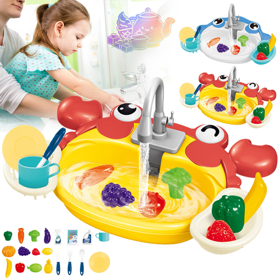 Kids Play Sink Toy with Running Water, Crab & Shark Simulation Kitchen Dishwashing Playset, with Fake Fruits Tableware Accessories, Kitchen Pretend Play House Toys for Kids Ages 3 and Up