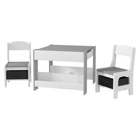 Kids Play Table Set 3PC with Chalkboard & Storage - Gray Educational Table and Chair Set for Toddlers, Ages 3-8, Bookshelf Included