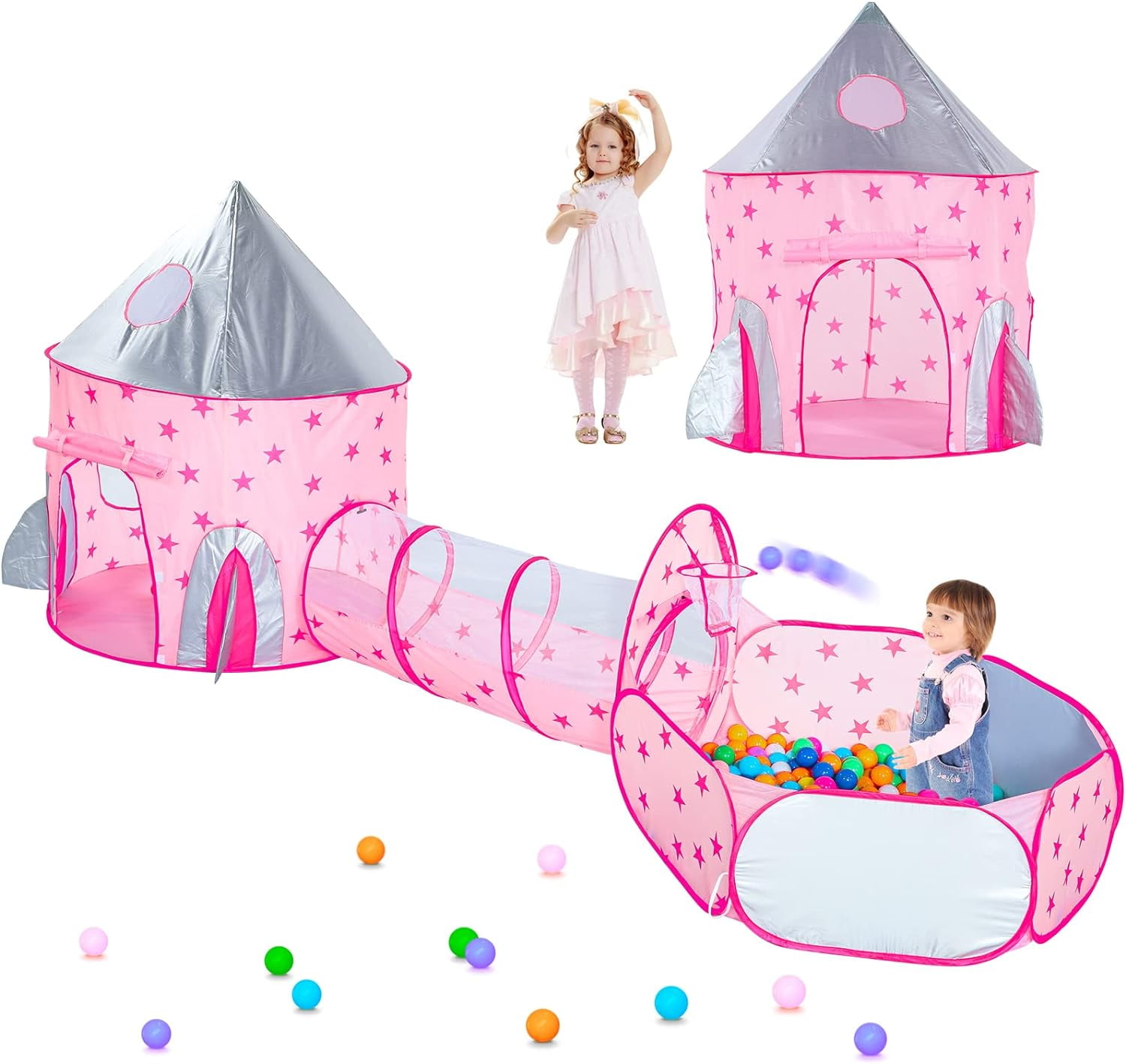 Kids Play Tent, 3 in 1 Kids Play Tent for Girls with Ball Pit, Crawl