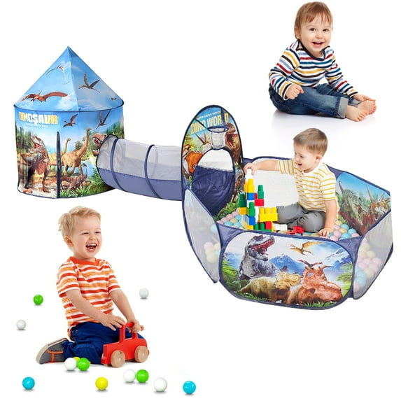 Kids Play Tent with Ball Pit, Pop Up Playhouse Toys with Tunnel for Toddlers, 3PC Dinosaur Baby Tent with Basketball Hoop Carry Bag, Indoor/Outdoor Toys Gift for Boys Girls