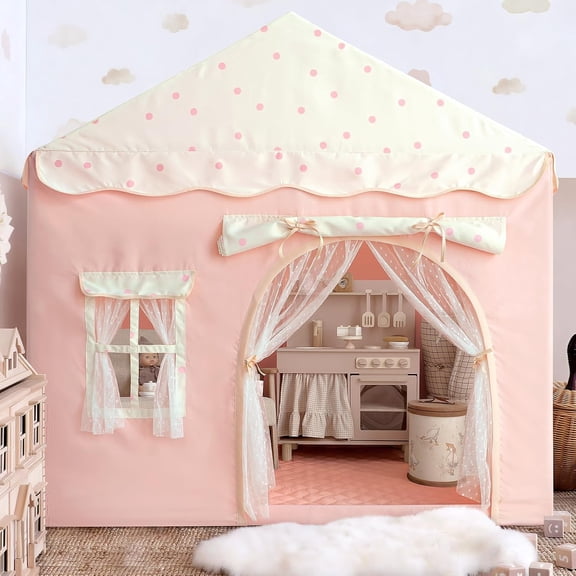 Kids Play Tent with Double Door Children's Playhouse Tents - Portable Fantasy Adventure Castle for Girls, Kids Tent with Mat, House Toys for Girl Birthday, Christmas House Gift