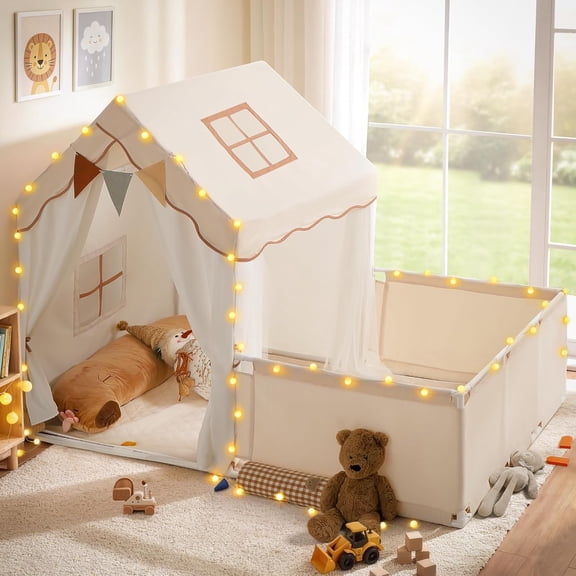 Kids Play Tent with Enclosure, Toddler Tent 2 in 1 with Padded Mat and Lights, Large Playhouse for Kids, Indoor & Outdoor, Christmas Toddler Playhouse, 69" x39" x 53"
