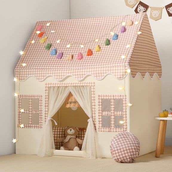 Wilwolfer Kids Play Tent Indoor: with Brown Checkered, Mat, Rainbow Tissue Garland, Star Lights - Toddlers Kids Toys for Boy Girl Birthday Gift for Kids
