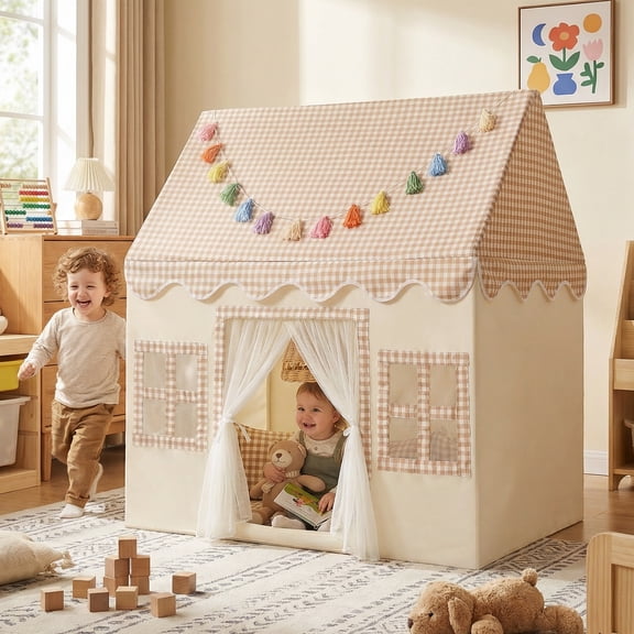 Wilwolfer Kids Play Tent Indoor: with Brown Checkered, Mat, Rainbow Tissue Garland, Star Lights - Toddlers Kids Toys for Boy Girl Birthday Gift for Kids