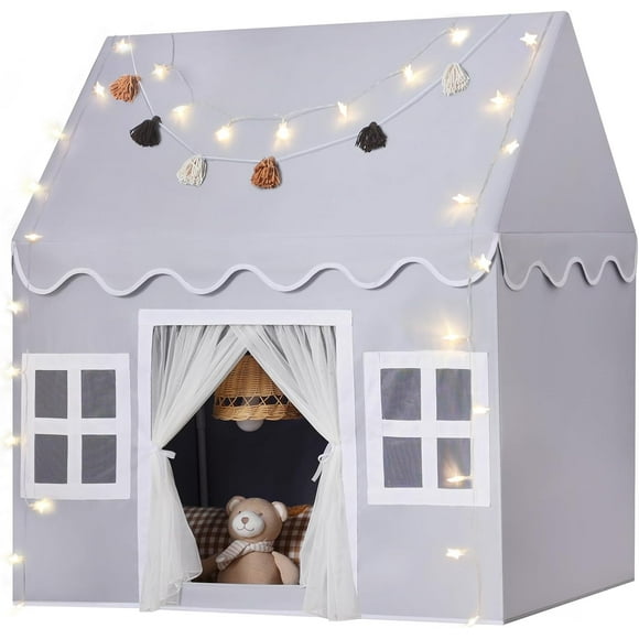 Kids Play Tent Indoor: with Mat, Tassel Garland, Star Lights - Gray Girl Tent Playhouse for Toddlers Kids Toys for Boy Girl Birthday Gift for Kids