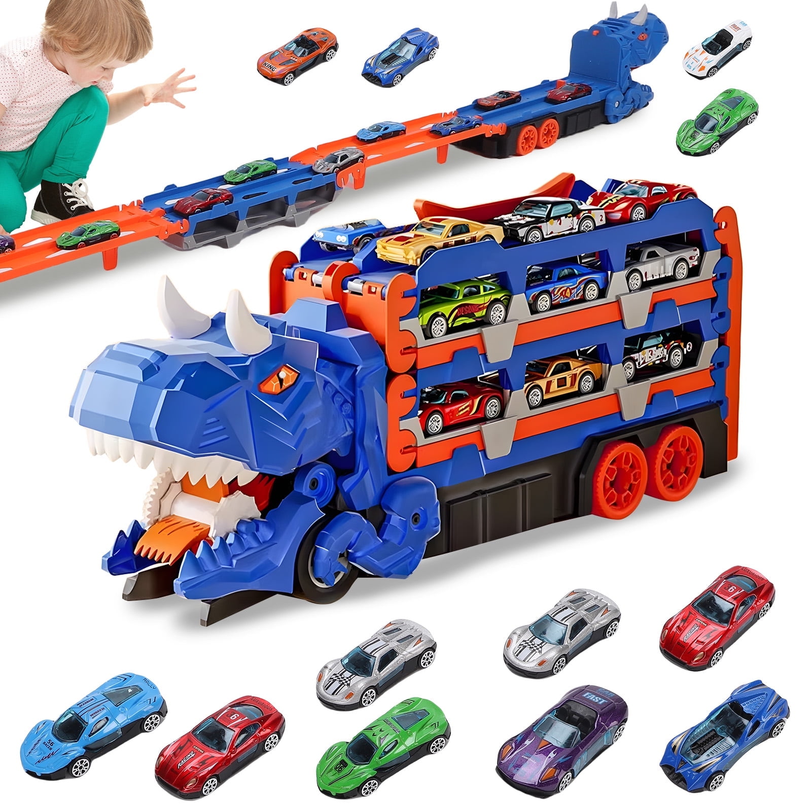 ESTINK Dinosaur Race Track Toys for 3 4 5 6 Years Old Boys, Dinosaur Transporter Car Race Track with 12 Die-Cast Car Toys & 57inch Dual-Way Foldable Tracks, Truck Toys Set Gifts for Age 3-12 Kids Boys Girls