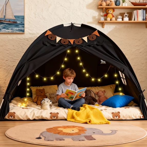 YEERSWAG® Kids Play Tent, Play Tent for Kids, Bed Tent for Floor Tent with Curtains, Reading Nook Tent for Boys and Girls, Black