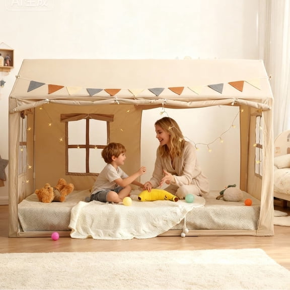 Kids Play Tent, Play Tent for Kids, Bed Tent for Floor Tent with Curtains for Bedroom and Playroom, Beige