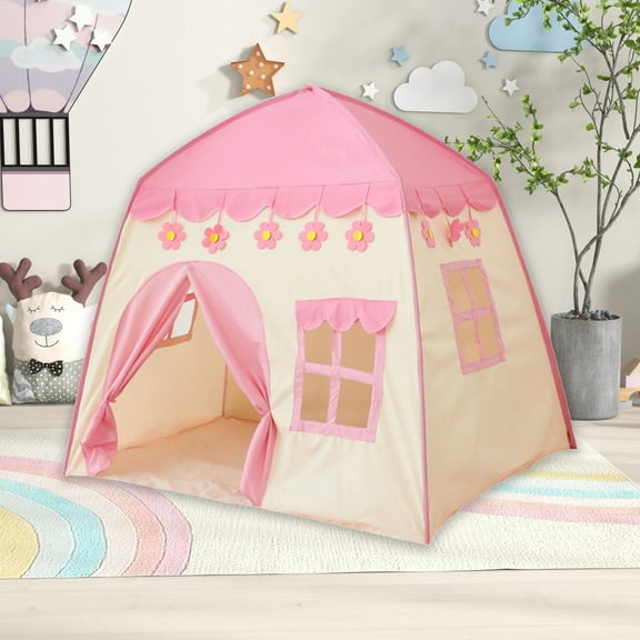Kids Play Tent | Princess Castle Flower House | Indoor & Outdoor Children's Playhouse | Blue & Pink Cloth Tent | 51" x 39" x 51"