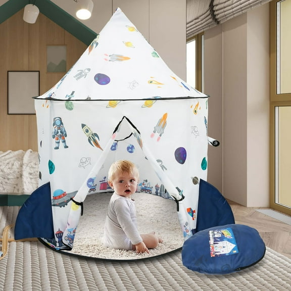Kids Play Tent Rocket Themed Pop Up Playhouse Portable Children Play Tent Foldable Indoor Outdoor Games Tent Polyester with Storage Bag for Kids Toddlers Gift