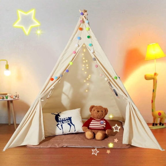 Kids Play Tent Teepee Tent For Kids 1-5 Years Old Tent For Kids With Windows For Indoor And Outdoor Toddler Tent With Mat And Plush Decorative Balls For Boys And Girls Beige