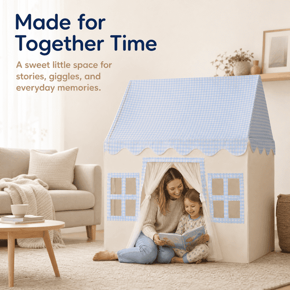 Kids Play Tent, Toddler Tent, Indoor Playhouse with Star Lights & Mat, Blue Plaid Peach Skin Fabric House Tent for Boys Girls, Indoor Outdoor, 38 x 26.6 x 42.3 in
