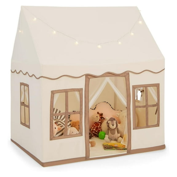 Kids Play Tent with Washable Mat Star Light Windows, Anti-Trip Large Playhouse Toys for Children Boys Girls, Indoor Outdoor Tents Castle for Toddlers (Beige)