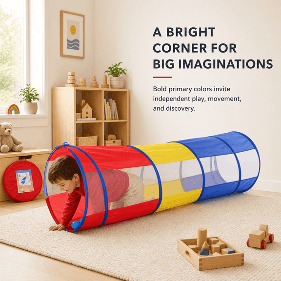 Kids Play Tunnel, Toddler Crawl Tunnel, Pop-Up Mesh Play Tube with Carry Bag, Indoor and Outdoor Activity Toy, 69 in L x 18 in Dia, Red, Yellow and Blue Polyester Taffeta