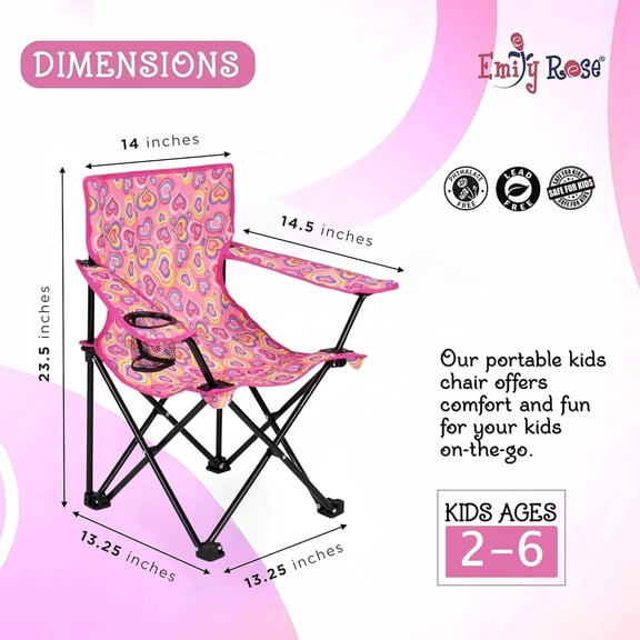 Kids Playful Hearts Beach Chair Ages 2-7 - Pink Toddler Camp Chair with Cup Holder Safety Lock & Carry Case - Girls Outdoor