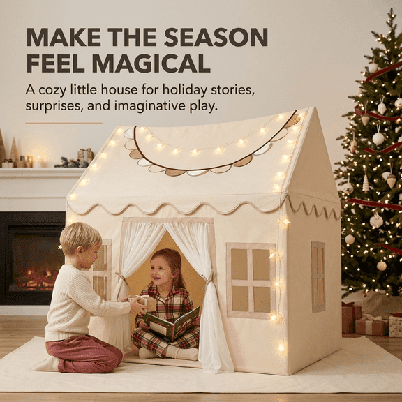 Kids Playhouse with Fairy Lights and Windows, Pop Up Play Tent for Toddlers, Teepee Hideout for Boys Girls, Indoor Outdoor Castle House with Bunting, 113x77x115cm Soft Peach Skin Fabric