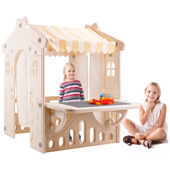 Kids Playhouse with Kids Building Blocks Toys Set, Indoor Playhouse for Toddlers Aged 1-3, with Windows, Door Curtains and Foldable Stand and Play Platform