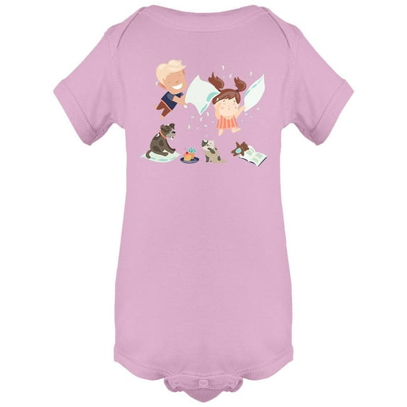 Kids Playing With Pillows Bodysuit Infant -Image by Shutterstock, 6 Months