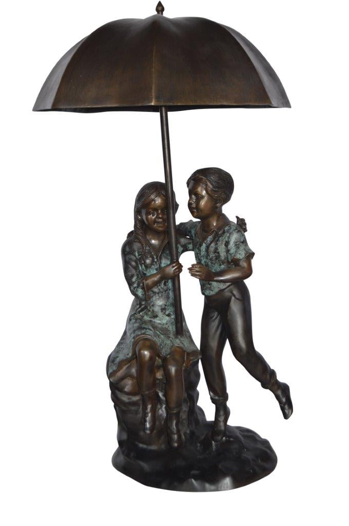 Nifao Kids Playing Under Umbrella – Outdoor Bronze Fountain, Garden Water Feature, 20"L x 20"W x 37"H