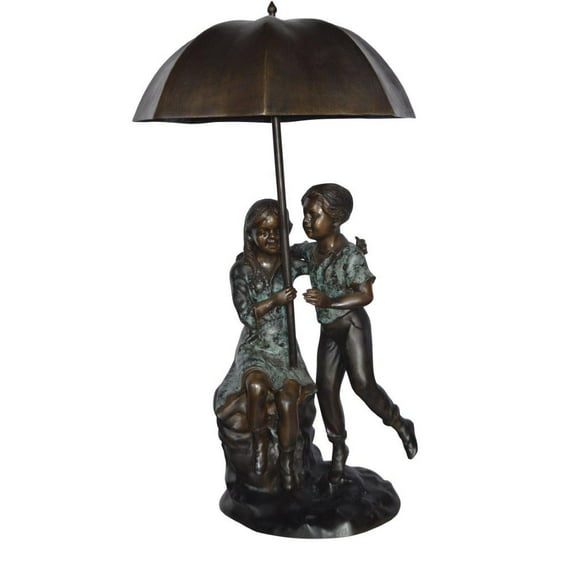 Nifao Kids Playing Under Umbrella – Outdoor Bronze Fountain, Garden Water Feature, 20"L x 20"W x 37"H