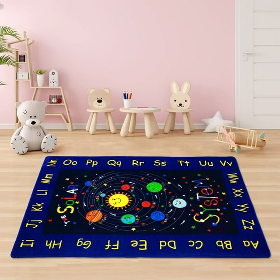 Kids Playmat Kids Educational Rug Solar System Alphabet, Play Rug Learning Carpet for Playroom Bedroom Nursery Non-Slip Soft Area Rug, 8 x 10 FT