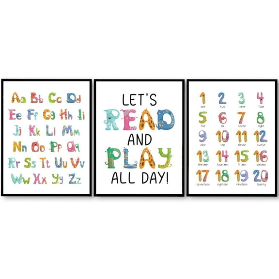 Kids Playroom Wall Art,ABC 123 Posters Prints Wallfor Classroom Nursery Kids Room
