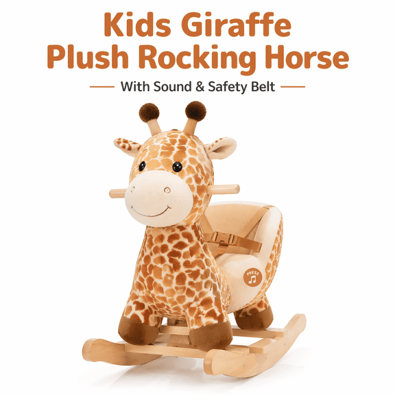 Kids Plush Animal Rocker with Music, Giraffe Ride-On Rocking Toy with Safety Seat, Seat Belt & Wooden Base, Brown