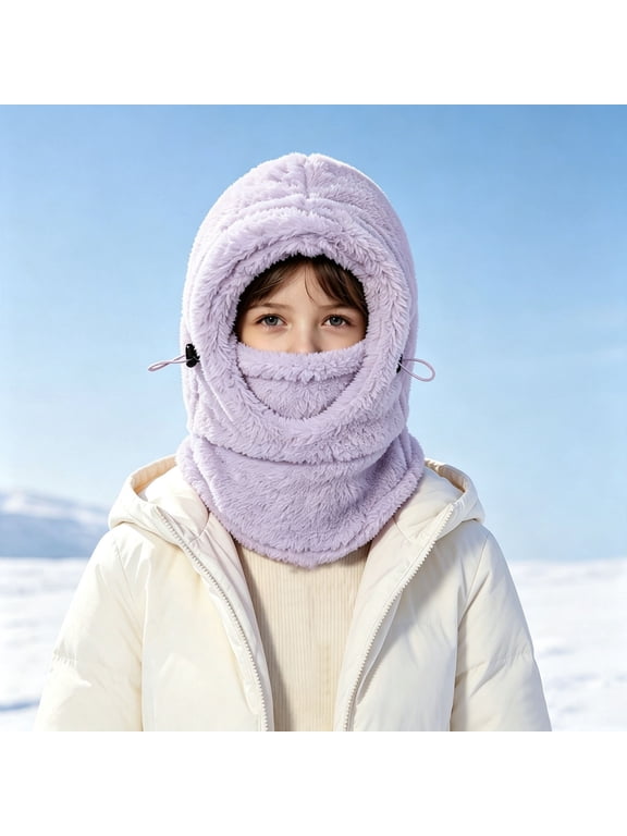 Kids' Plush Balaclava Hat Thick Full Fleece Lining Integrated Hood Neck and Face Cover Adjustable Drawstring for Child Skiing Winter Park Activity