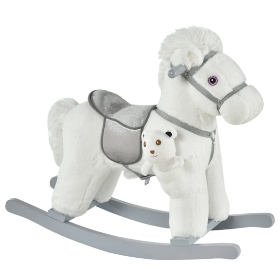 Kids Plush Ride-On Rocking Horse with Bear Toy, White Soft Plush Children Chair with Realistic Neighing Sounds for Toddlers 36+ Months