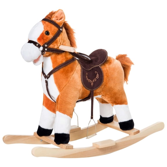Kids Plush Rocking Horse, Wooden, Realistic Sounds, Moving Tail, Brown, Interactive Fun for Toddlers