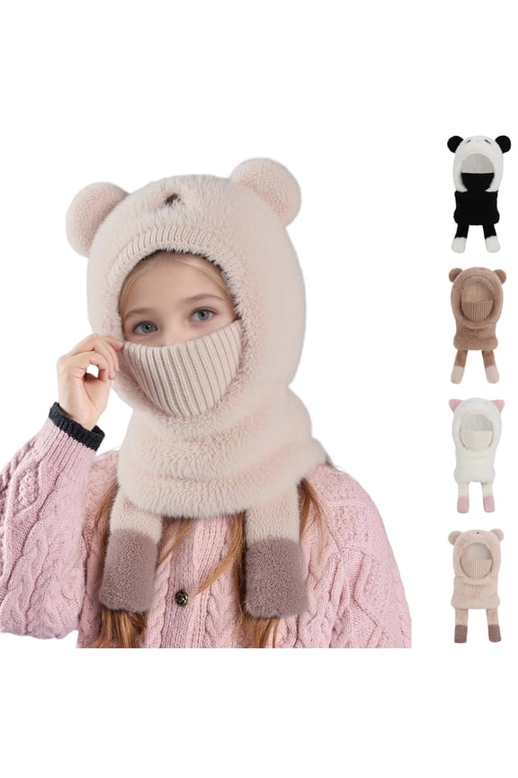 Kids Plush Warm Ear Pullover Hat - Mask Neck Gaiter 3-in-1 Winter Hat, Black One Size