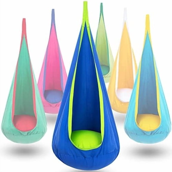 Kids Pod Swing Seat, Hanging Hammock Chair Swing with Inflatable Pillow, Sensory Swing Chair with Pocket for Outdoor and Indoor (Blue and Green)