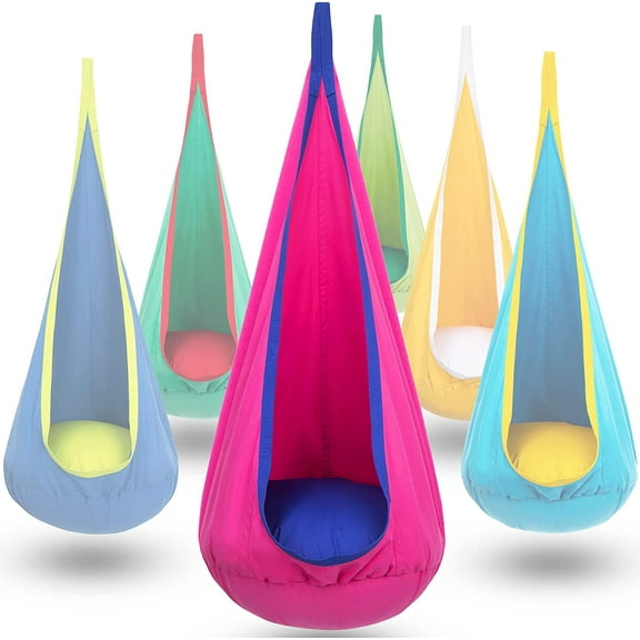 Kids Pod Swing Seat, Hanging Hammock Chair Swing with Inflatable Pillow, Sensory Swing Chair with Pocket for Outdoor and Indoor (Pink and Blue) pcs