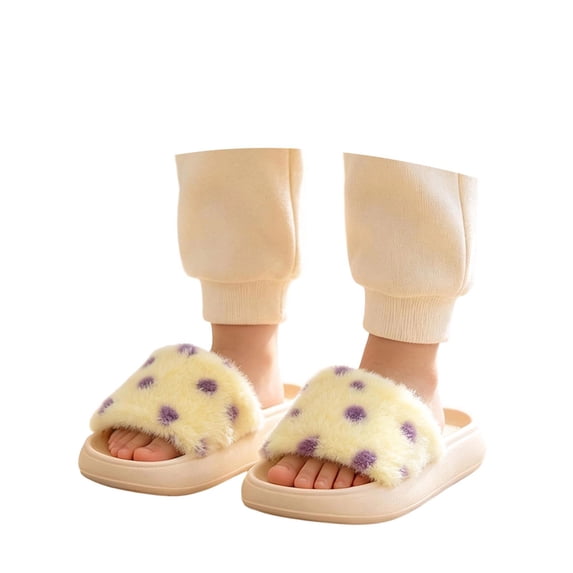 Kids Polka Dot Fuzzy Open Toe Slippers Girls Warm Plush House Slides Anti Soft Cozy Winter Indoor Outdoor Slippers for Children(Beige,3.5-4 Years)