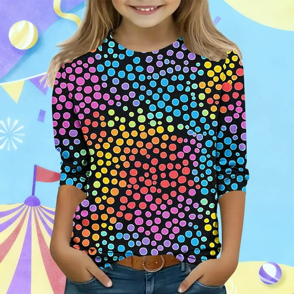 Kids Polka Dot Top for Girls 3/4 Sleeve Black Colorful Dots Stretchy Casual Shirt for Play School Everyday,Size 9-10T