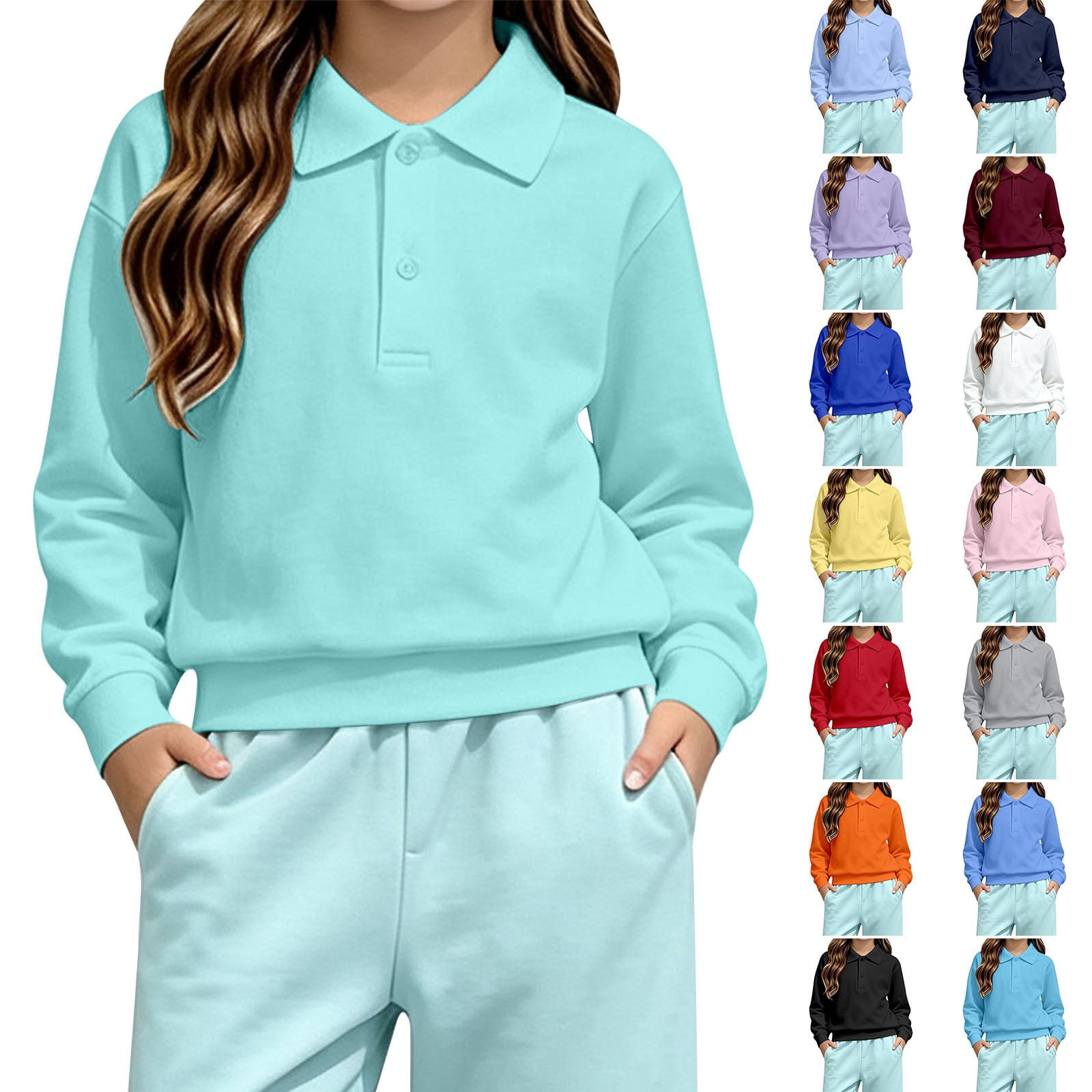 Large Turn Button Kids Polo Shirt Girls Polo Sweatshirt Long Sleeve Boys Collared Shirt ...
